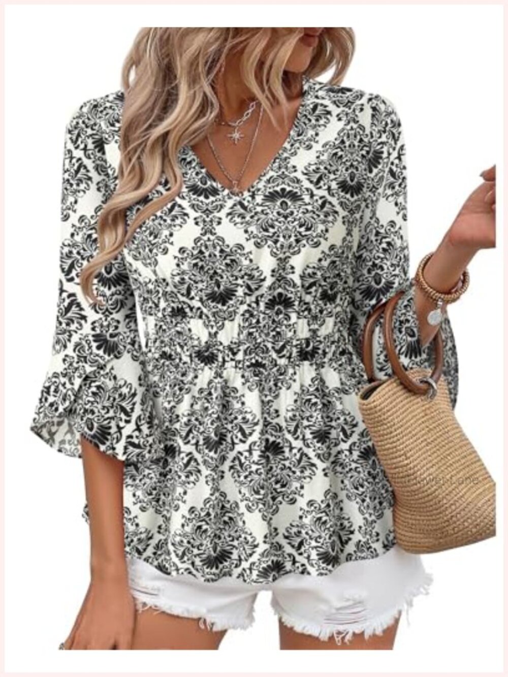 Women's 3/4 Sleeve V Neck Floral Blouse Elastic Waist Casual Top